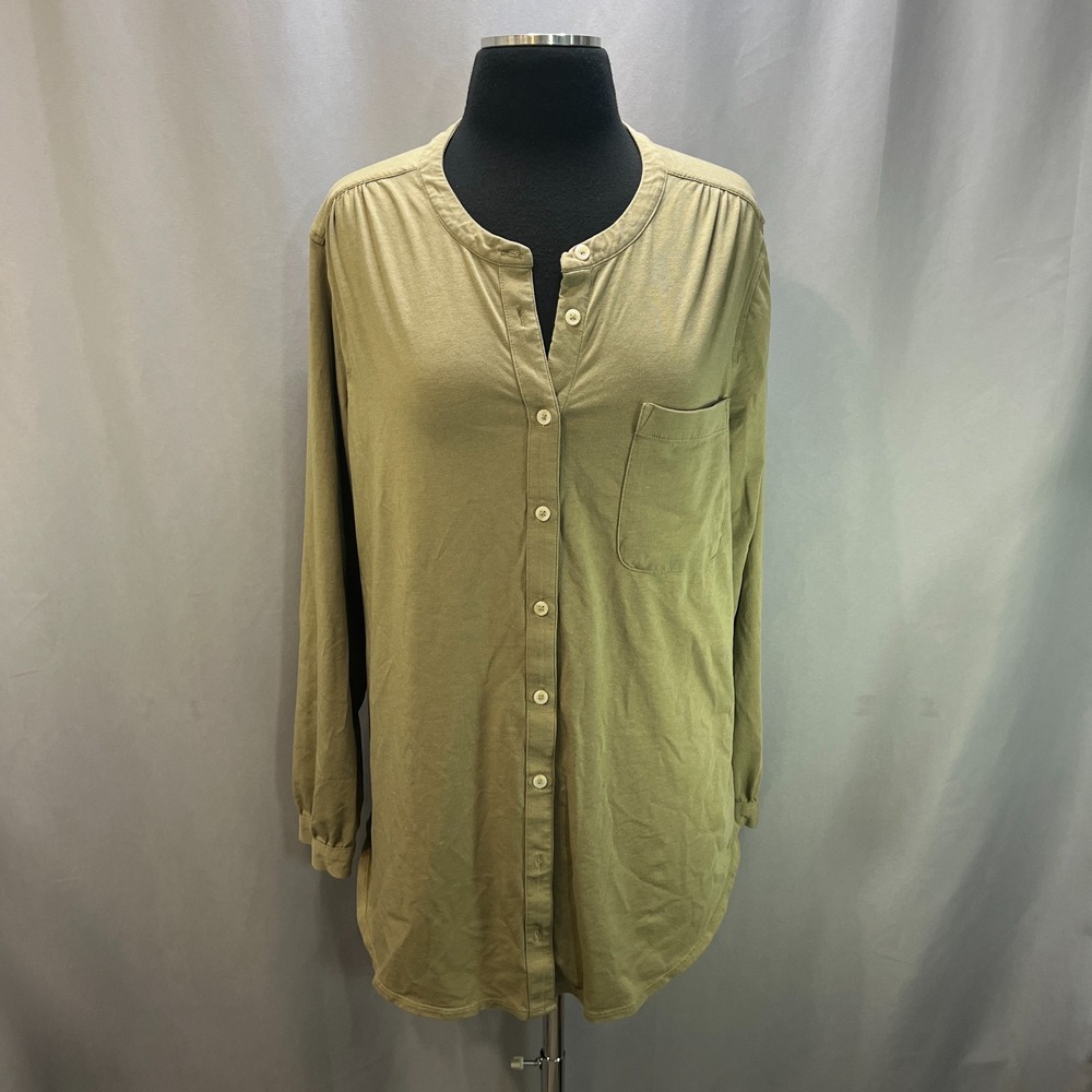 Lands' End Long Sleeve Tunic Blouse Womens‎ XL Olive Green Cotton Button Front